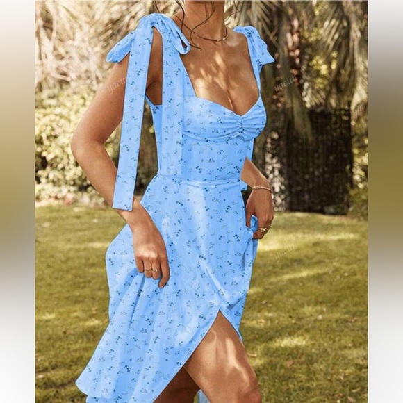SHEIN Dresses & Skirts - Blue Floral Dress with Bow Straps